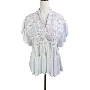 Anthropologie Akemi + Kin Womens Cream Embroidered Ruffled Button Up Top